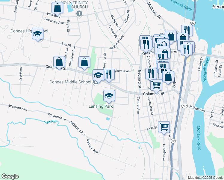 map of restaurants, bars, coffee shops, grocery stores, and more near 20 James Street in Cohoes