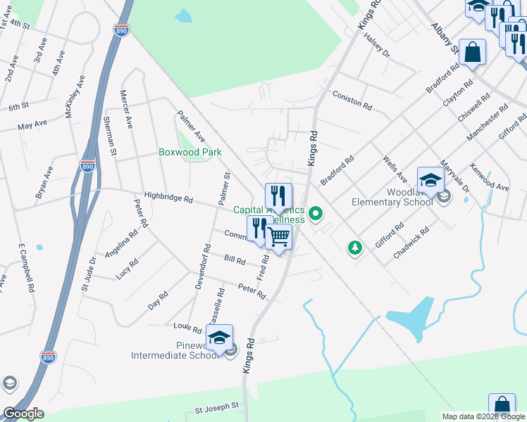 map of restaurants, bars, coffee shops, grocery stores, and more near 1257 Highbridge Road in Schenectady
