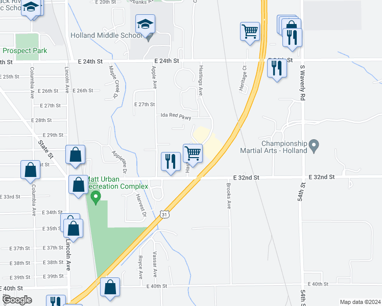 map of restaurants, bars, coffee shops, grocery stores, and more near 717 Hastings Avenue in Holland