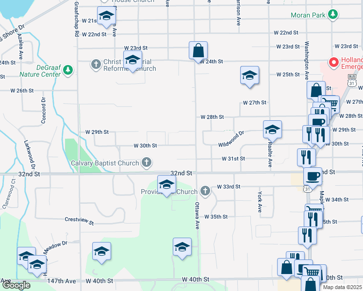 map of restaurants, bars, coffee shops, grocery stores, and more near 463 31st Street in Holland