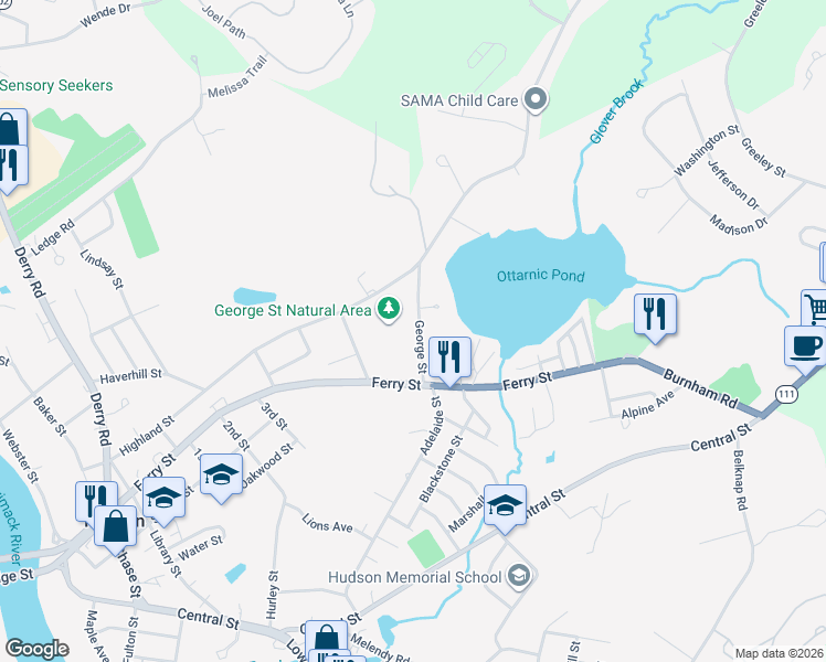 map of restaurants, bars, coffee shops, grocery stores, and more near 12 George Street in Hudson