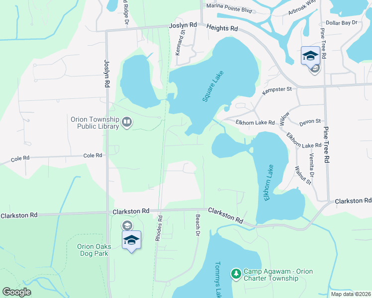 map of restaurants, bars, coffee shops, grocery stores, and more near 1622 Hillside Street in Orion charter Township