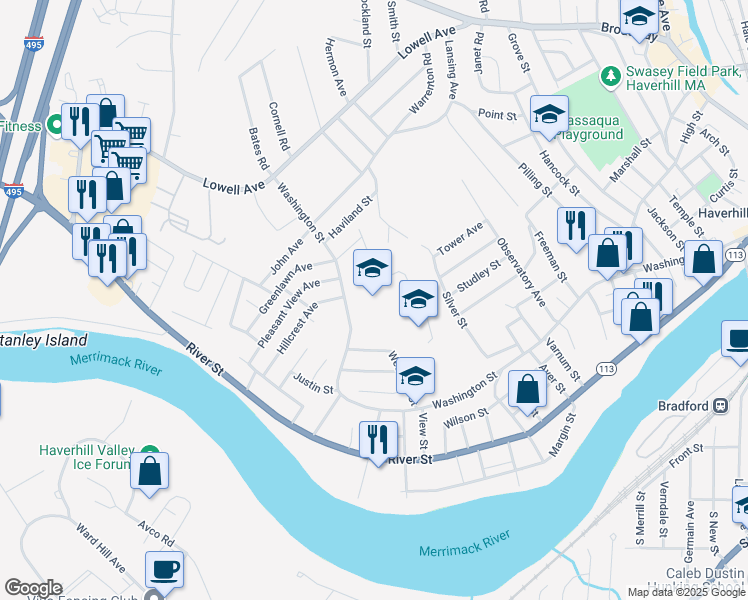 map of restaurants, bars, coffee shops, grocery stores, and more near 685 Washington Street in Haverhill