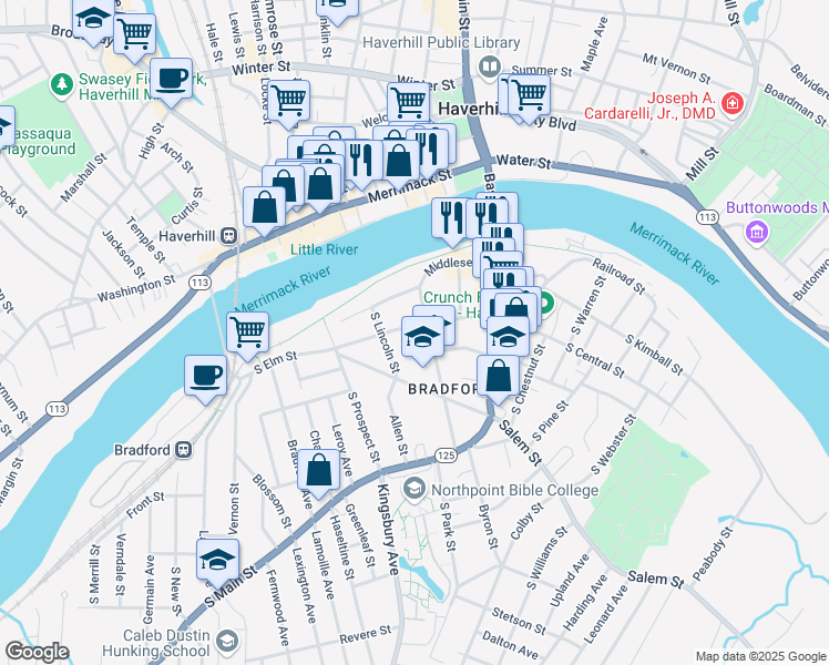map of restaurants, bars, coffee shops, grocery stores, and more near 98 South Pleasant Street in Haverhill