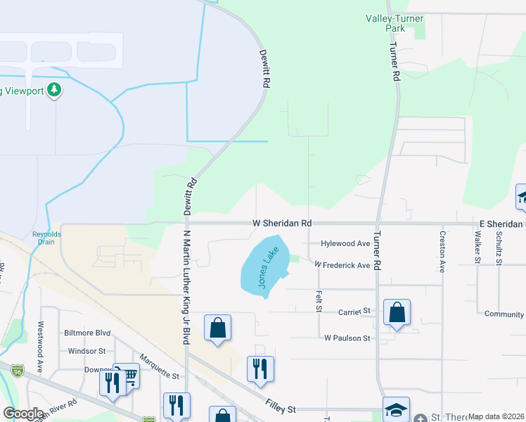 map of restaurants, bars, coffee shops, grocery stores, and more near 16915 Jones Lake Road in Lansing