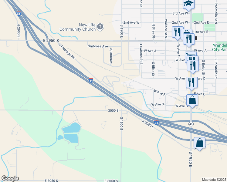 map of restaurants, bars, coffee shops, grocery stores, and more near 1894 North Frontage Road in Wendell
