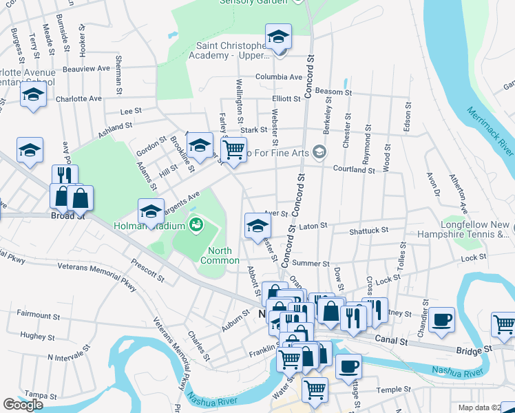 map of restaurants, bars, coffee shops, grocery stores, and more near 29 Manchester Street in Nashua