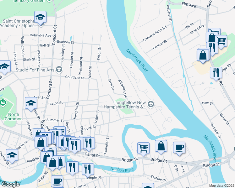 map of restaurants, bars, coffee shops, grocery stores, and more near 27 Avon Drive in Nashua