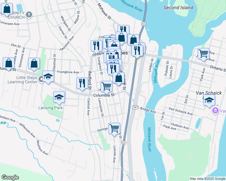 map of restaurants, bars, coffee shops, grocery stores, and more near 88 Howard Street in Cohoes