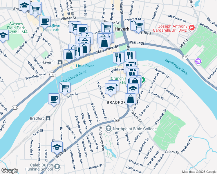 map of restaurants, bars, coffee shops, grocery stores, and more near 100 South Pleasant Street in Haverhill
