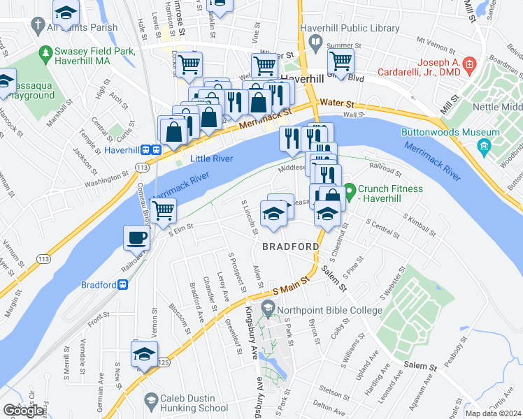 map of restaurants, bars, coffee shops, grocery stores, and more near 94 Middlesex Street in Haverhill