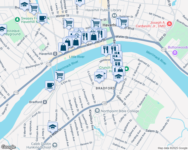map of restaurants, bars, coffee shops, grocery stores, and more near 94 Middlesex Street in Haverhill