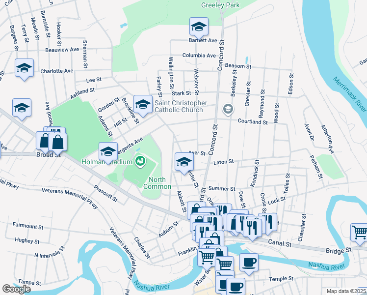 map of restaurants, bars, coffee shops, grocery stores, and more near 10 Hopkins Street in Nashua