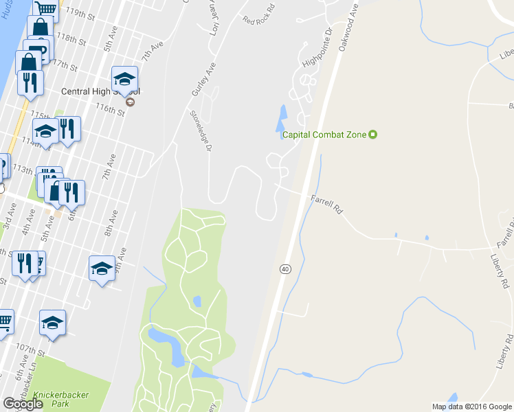 map of restaurants, bars, coffee shops, grocery stores, and more near 18 Stoneledge Drive in Troy