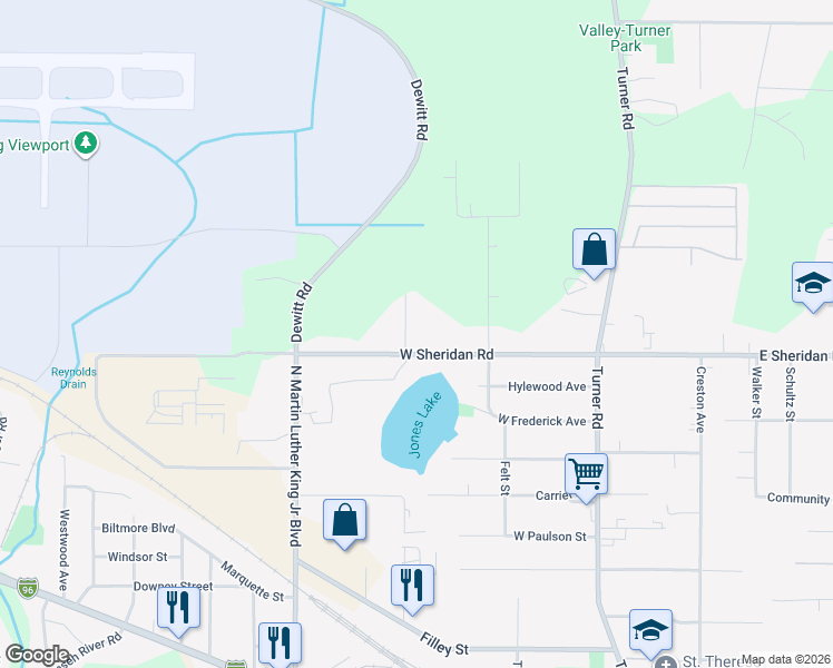 map of restaurants, bars, coffee shops, grocery stores, and more near 16915 Jones Lake Road in Lansing