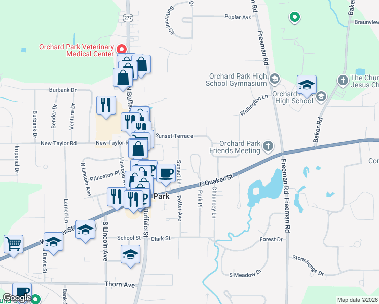 map of restaurants, bars, coffee shops, grocery stores, and more near 37 Brookins Green Drive in Orchard Park