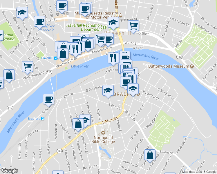 map of restaurants, bars, coffee shops, grocery stores, and more near 80 South Pleasant Street in Haverhill