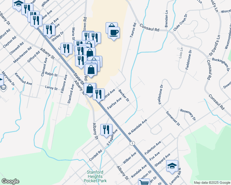 map of restaurants, bars, coffee shops, grocery stores, and more near 58 Central Avenue in Schenectady