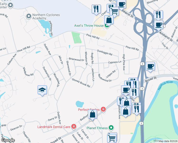 map of restaurants, bars, coffee shops, grocery stores, and more near 27 Wheaton Drive in Nashua
