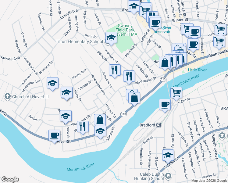 map of restaurants, bars, coffee shops, grocery stores, and more near 403 Washington Street in Haverhill