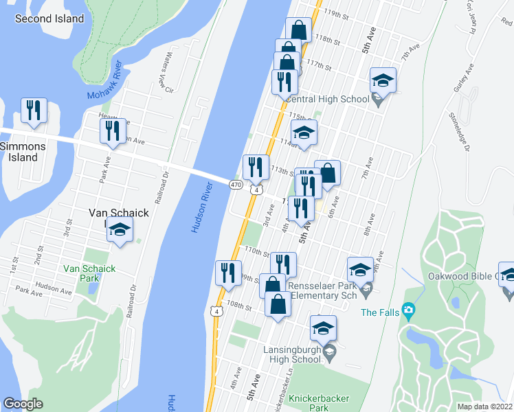map of restaurants, bars, coffee shops, grocery stores, and more near 460 2nd Avenue in Troy