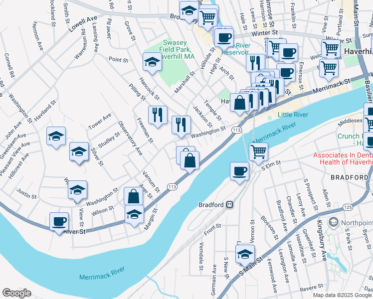 map of restaurants, bars, coffee shops, grocery stores, and more near 11 Porter Street in Haverhill