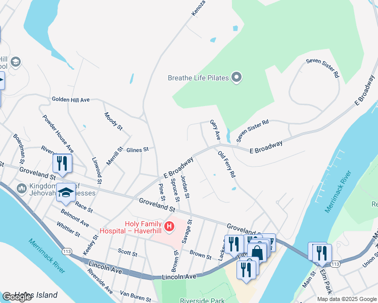 map of restaurants, bars, coffee shops, grocery stores, and more near 100 Gary Avenue in Haverhill