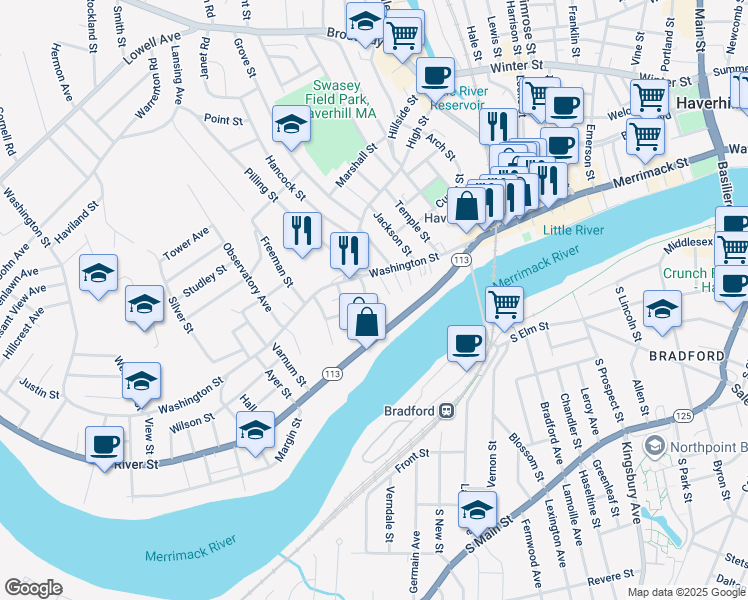 map of restaurants, bars, coffee shops, grocery stores, and more near 8 Davenport Street in Haverhill