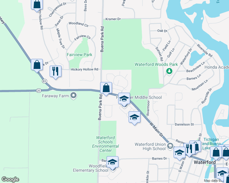 map of restaurants, bars, coffee shops, grocery stores, and more near 939 Spyglass Hill in Waterford