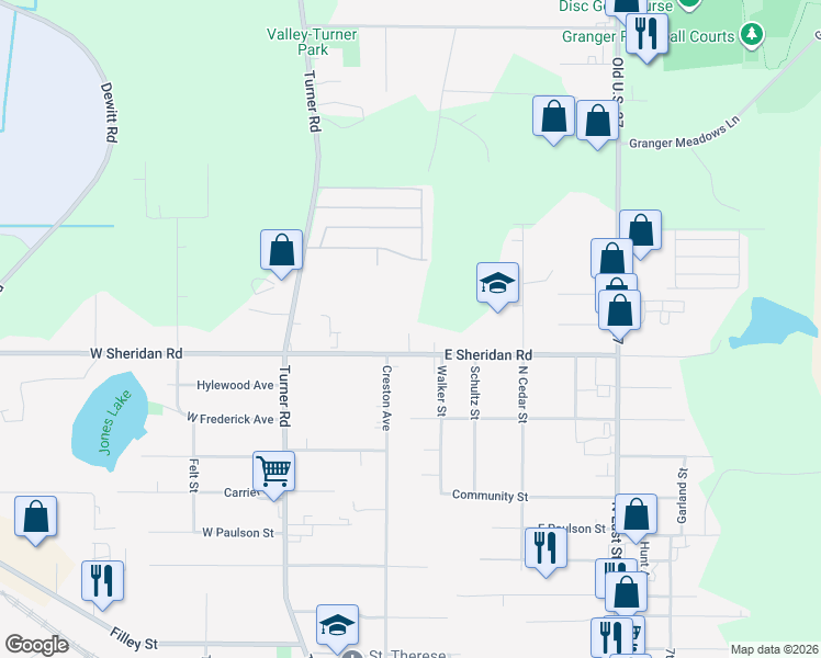 map of restaurants, bars, coffee shops, grocery stores, and more near 211 East Sheridan Road in Lansing