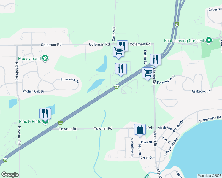 map of restaurants, bars, coffee shops, grocery stores, and more near 7157 Saginaw Highway in East Lansing