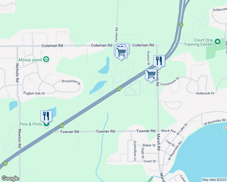 map of restaurants, bars, coffee shops, grocery stores, and more near 7157 Saginaw Highway in East Lansing