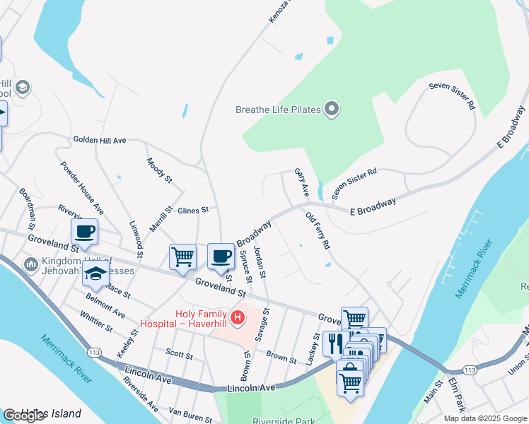 map of restaurants, bars, coffee shops, grocery stores, and more near 100 Gary Avenue in Haverhill