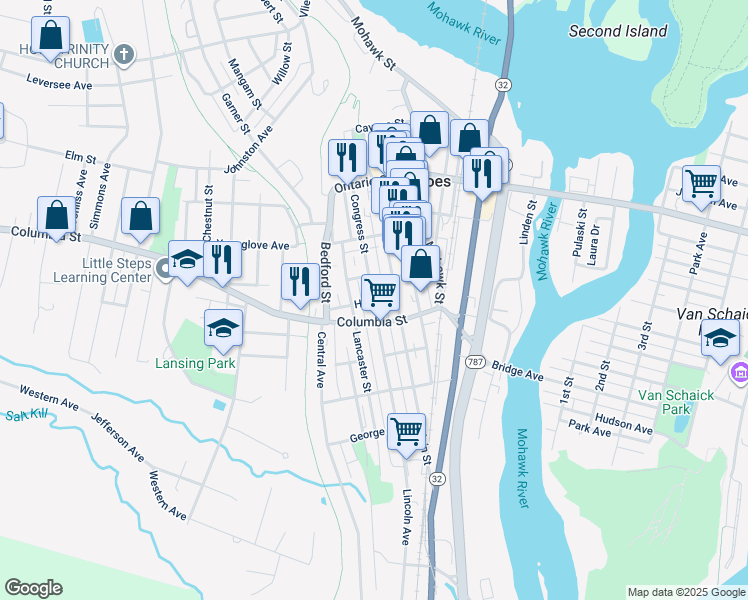 map of restaurants, bars, coffee shops, grocery stores, and more near Congress Street & Hart Street in Cohoes