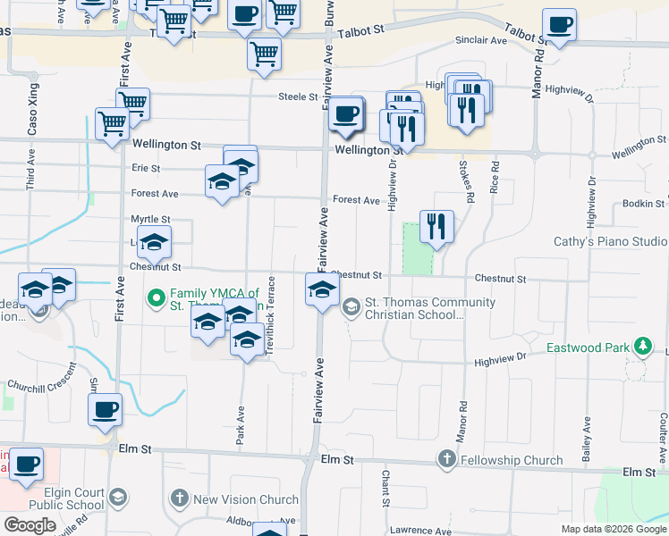 map of restaurants, bars, coffee shops, grocery stores, and more near 266 Chestnut Street in St. Thomas