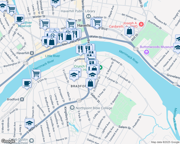 map of restaurants, bars, coffee shops, grocery stores, and more near 79 South Main Street in Haverhill