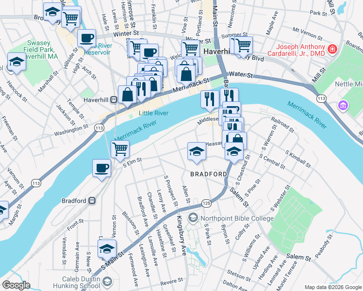 map of restaurants, bars, coffee shops, grocery stores, and more near 94 Middlesex Street in Haverhill