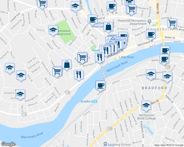 map of restaurants, bars, coffee shops, grocery stores, and more near 18 Sandler Terrace in Haverhill
