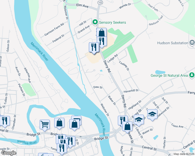 map of restaurants, bars, coffee shops, grocery stores, and more near 28 Willow Creek Drive in Hudson