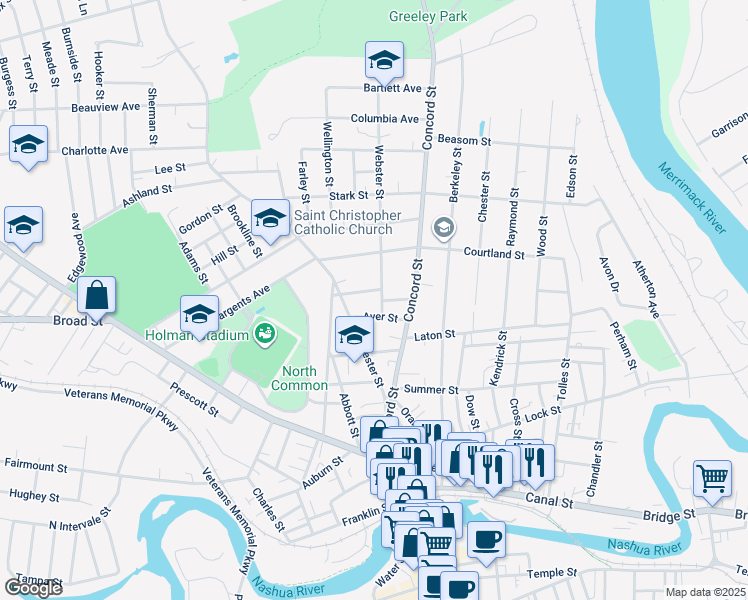 map of restaurants, bars, coffee shops, grocery stores, and more near 5 Webster Street in Nashua