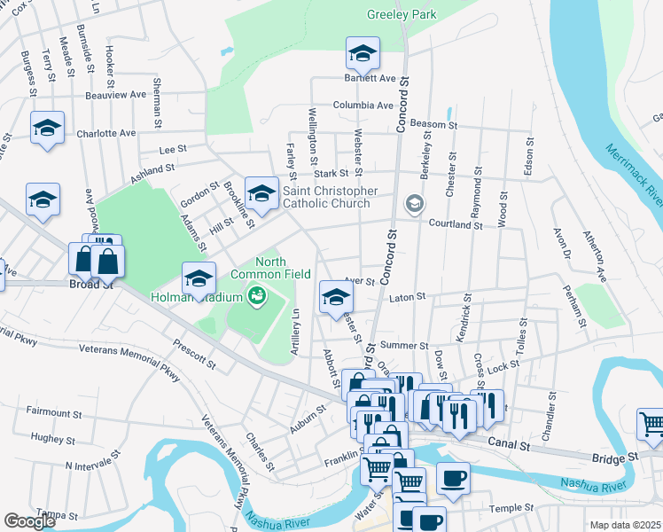 map of restaurants, bars, coffee shops, grocery stores, and more near 10 Hopkins Street in Nashua