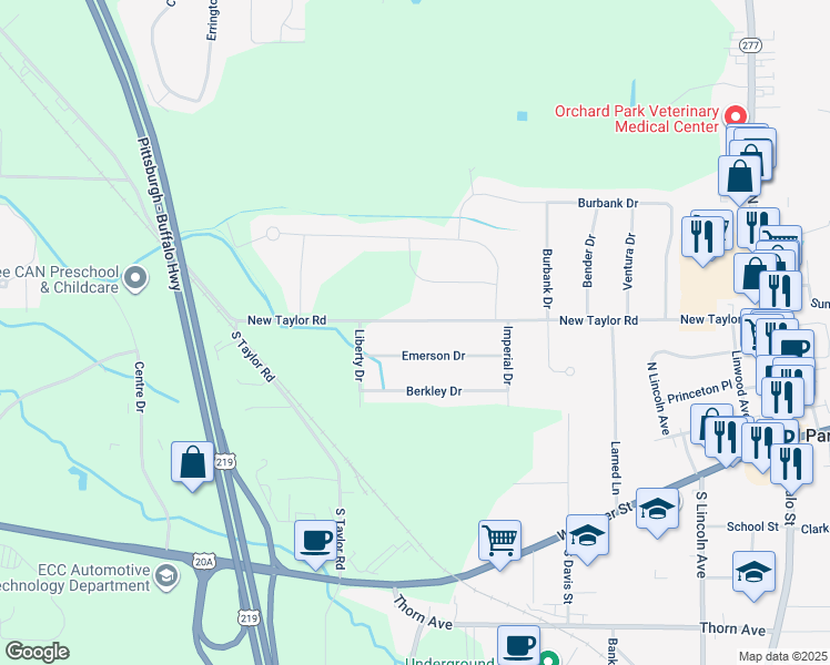 map of restaurants, bars, coffee shops, grocery stores, and more near 6066 New Taylor Road in Orchard Park