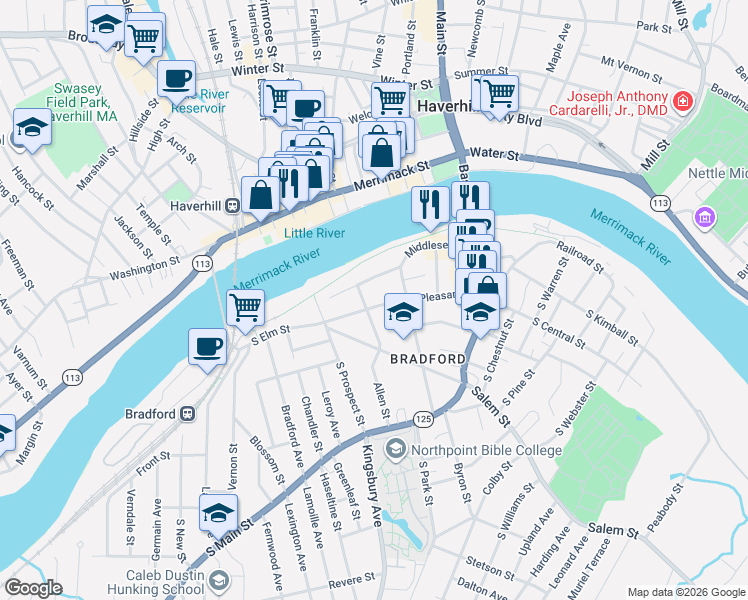 map of restaurants, bars, coffee shops, grocery stores, and more near 123 South Pleasant Street in Haverhill