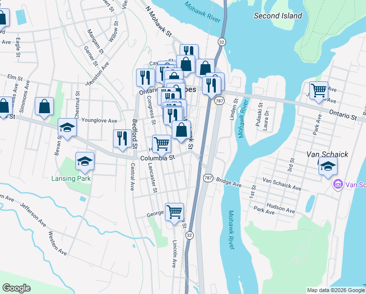 map of restaurants, bars, coffee shops, grocery stores, and more near 186 Mohawk Street in Cohoes