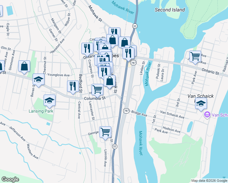 map of restaurants, bars, coffee shops, grocery stores, and more near 186 Mohawk Street in Cohoes