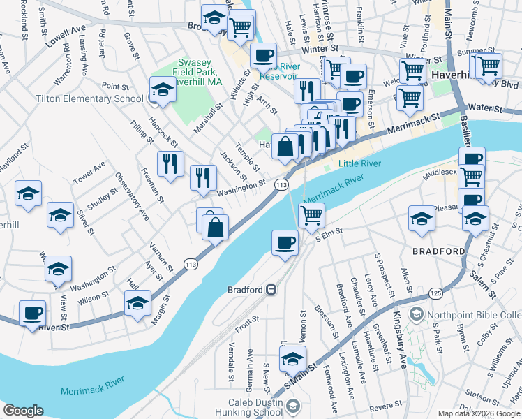map of restaurants, bars, coffee shops, grocery stores, and more near 104 River Street in Haverhill