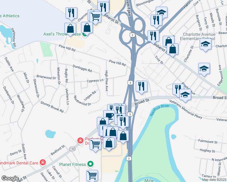 map of restaurants, bars, coffee shops, grocery stores, and more near 177 Flagstone Drive in Nashua