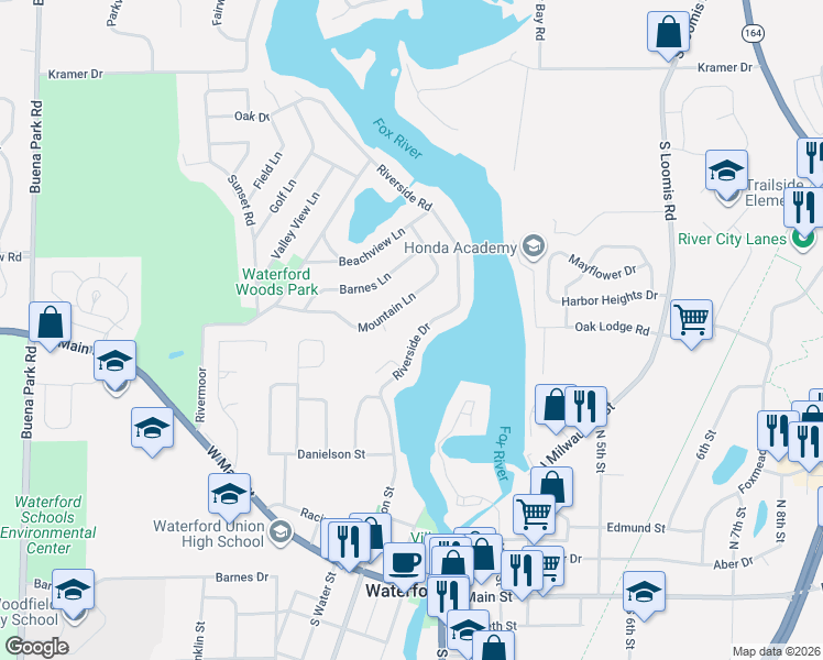 map of restaurants, bars, coffee shops, grocery stores, and more near 4106 Riverside Road in Waterford
