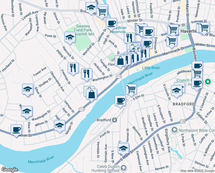 map of restaurants, bars, coffee shops, grocery stores, and more near 115 River Street in Haverhill