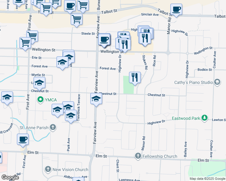 map of restaurants, bars, coffee shops, grocery stores, and more near 278 Chestnut Street in St. Thomas